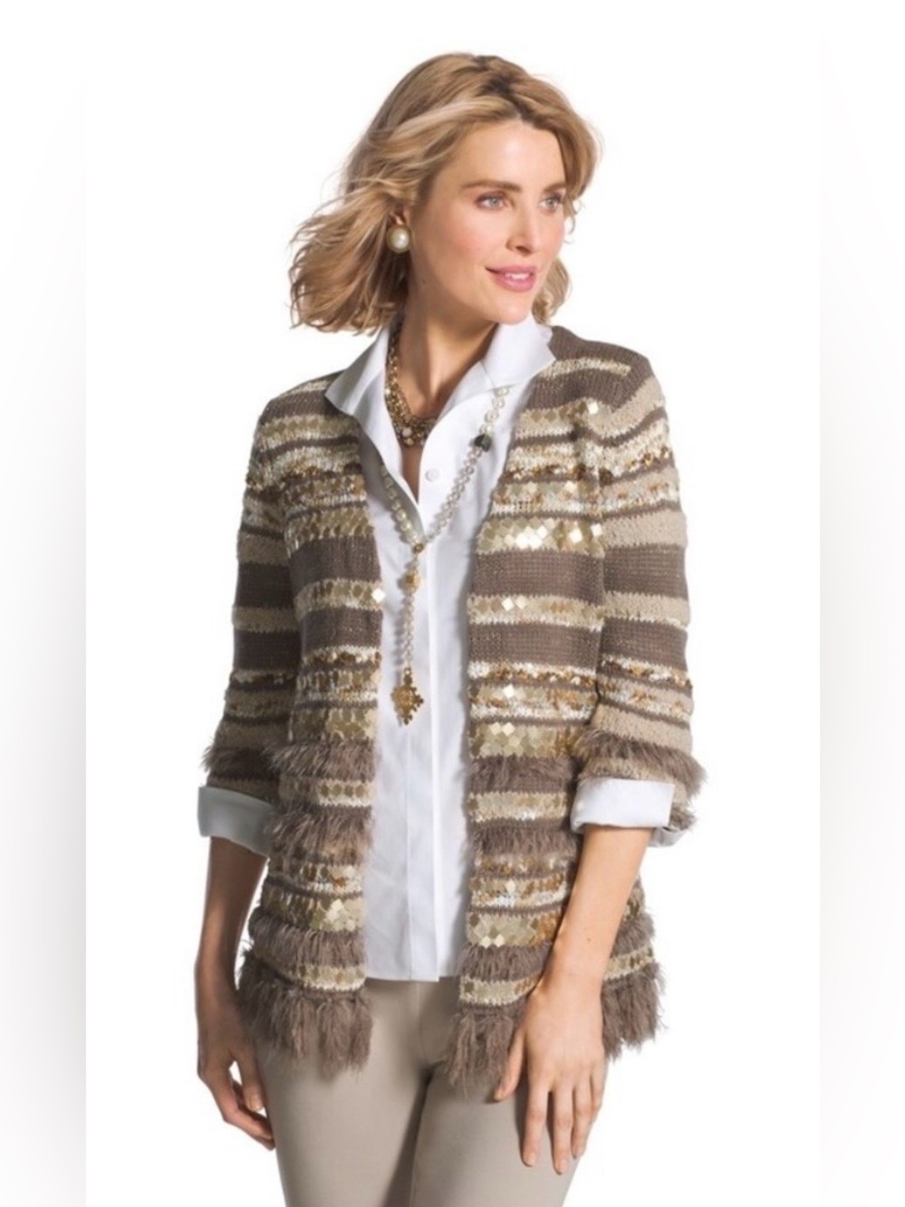 NEW! Chico's Mirror Greta 3/4 Sleeve Neutral Combo Cardigan 1 Medium